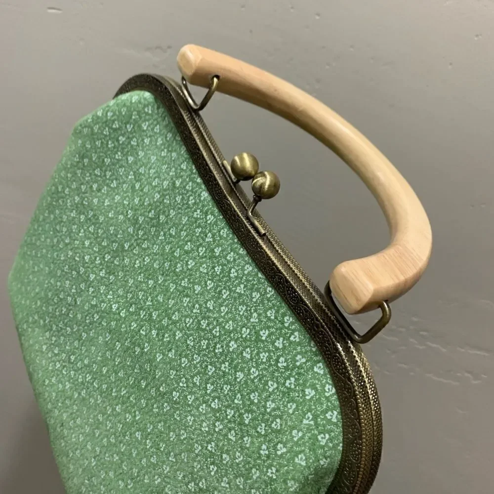 Handmade Genuine Nubuck Leather Embossed Wood Handle Kiss-lock Satchel Bag